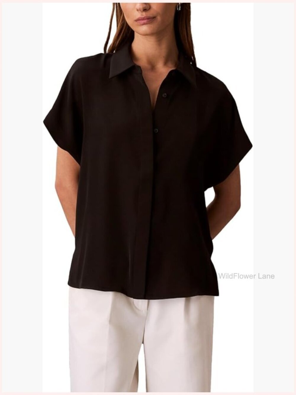 Women's Satin Short Sleeve Blouse - Point Collar, Relaxed Fit